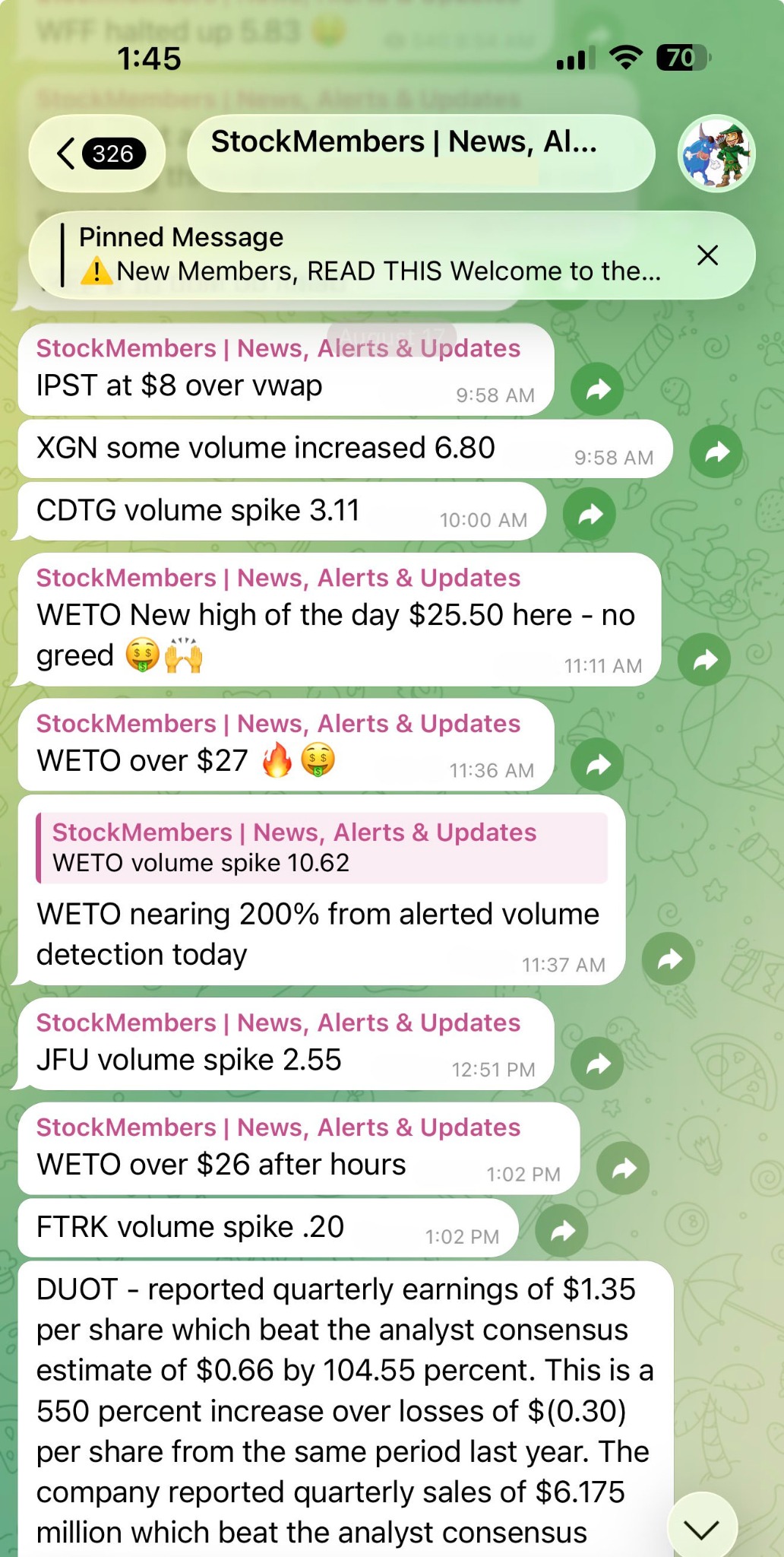 Real StockMembers Telegram alerts showing unusual volume, market updates and stock price activity